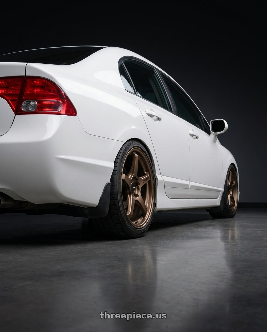2007 honda civic ex with Enkei TS-5 5x114.3 17x8+40 Bronze wheels rear three quarter view square tires