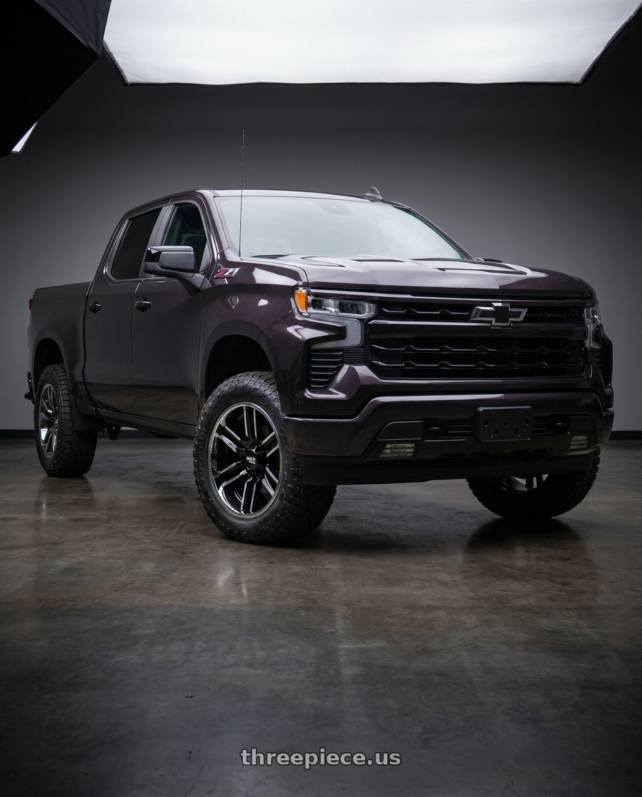2023 Chevrolet Silverado 1500 with Moto Metal MO202 6X139.7 20X12 -44 GLOSS BLACK MACHINED CENTER CHROME LIP wheels