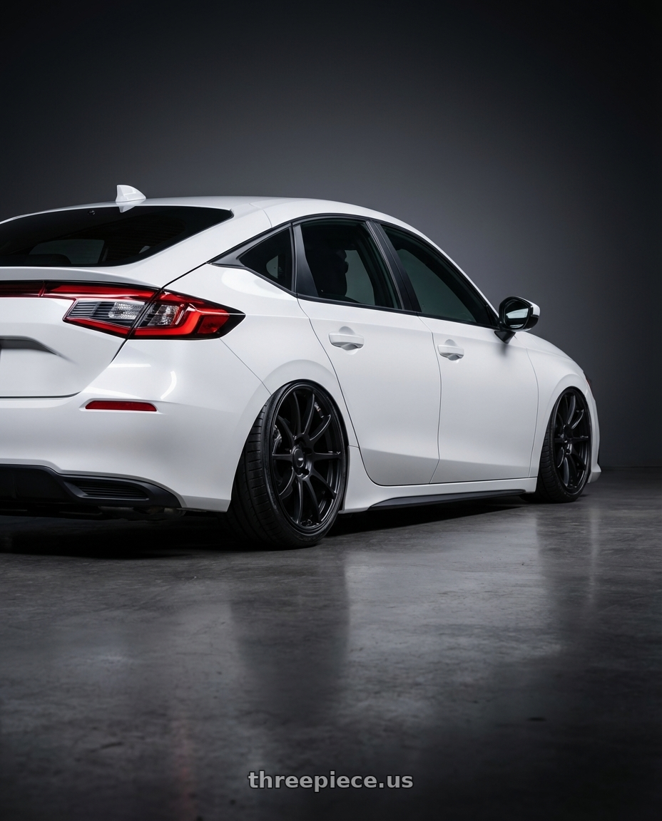 2024 Honda Civic with Ssr Gtv02 5x114.3 19x8.5+38  FLAT BLACK wheels rear three quarter view slight stretch tires