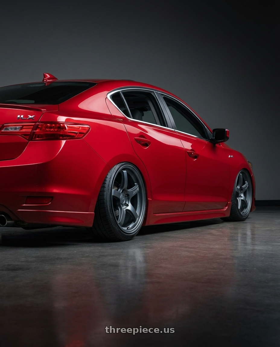 2012 Acura ILX with Gram Lights 57CR 5x114.3 18x8.5+37 Gunblue II wheels rear three quarter view slight stretch tires