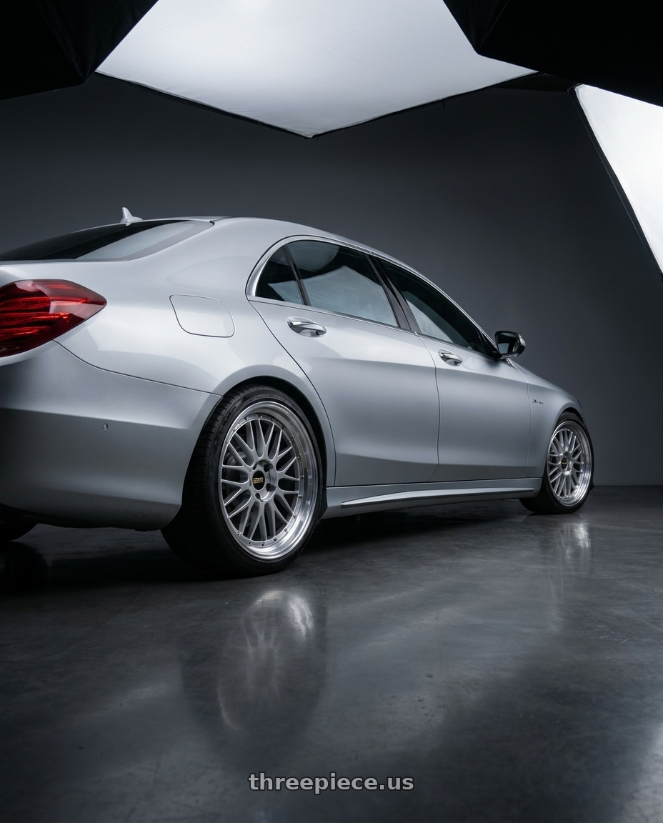 2014 Mercedes Benz s63 with BBS LM 5x112 20x8.5+38 Diamond Silver wheels rear three quarter view slight stretch tires