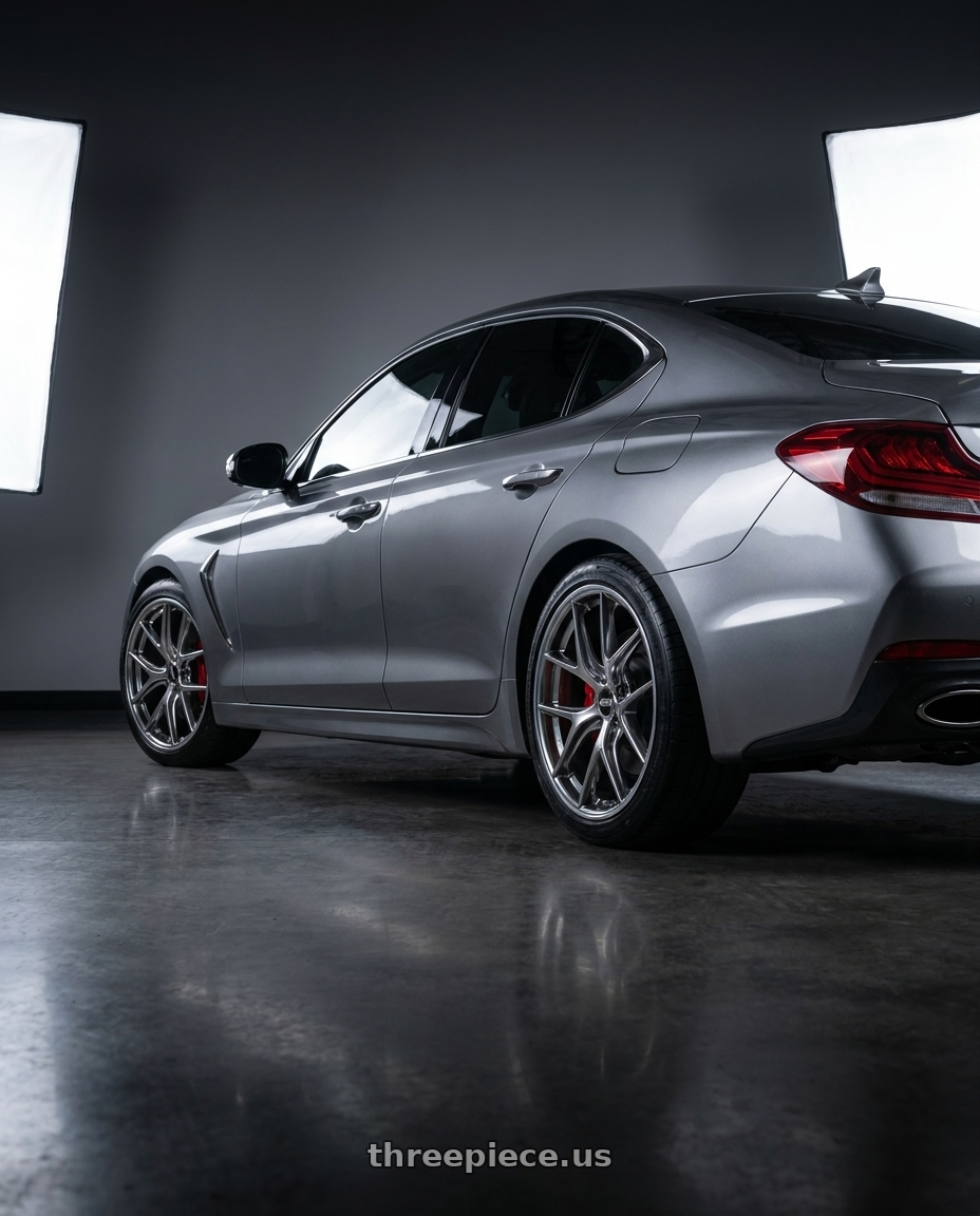 2019 Genesis G70 with BBS CI-R 5x120 20x11.5 +52 Ceramic Polished Rim Protector wheels rear three quarter view slight stretch tires