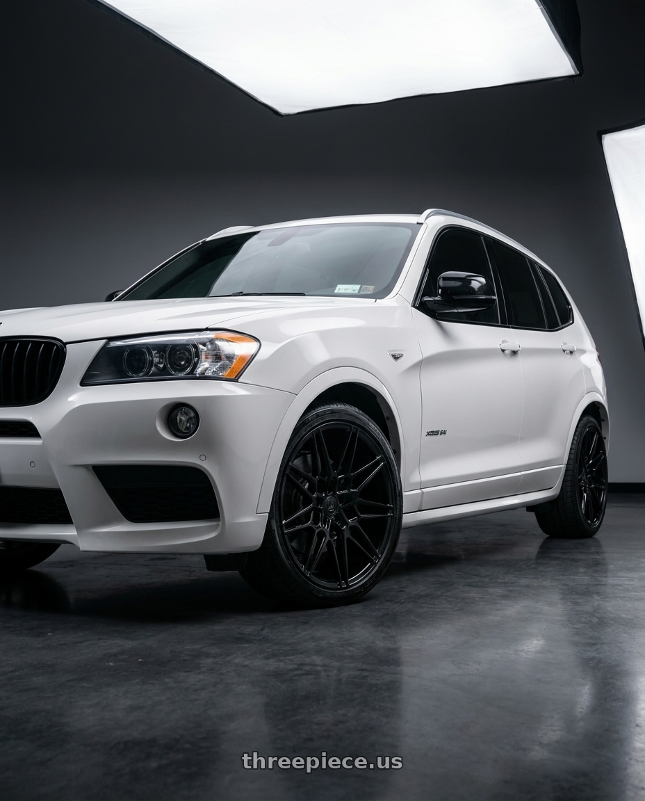 2014 BMW X3 xDrive35i with Axe CF1 5x120 20X9+45 GLOSS BLACK wheels front three quarter view stock stance