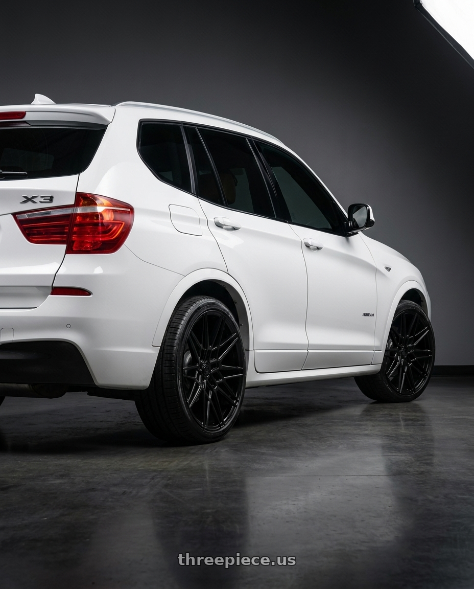 2014 BMW X3 xDrive35i with Axe CF1 5x120 20X9+45 GLOSS BLACK wheels rear three quarter view square tires