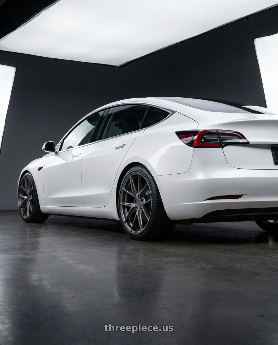 2023 Tesla Model 3 with Niche 1PC M116 MISANO 5X114.3 19X8.5 +33 MATTE GUN METAL wheels rear three quarter view square tires