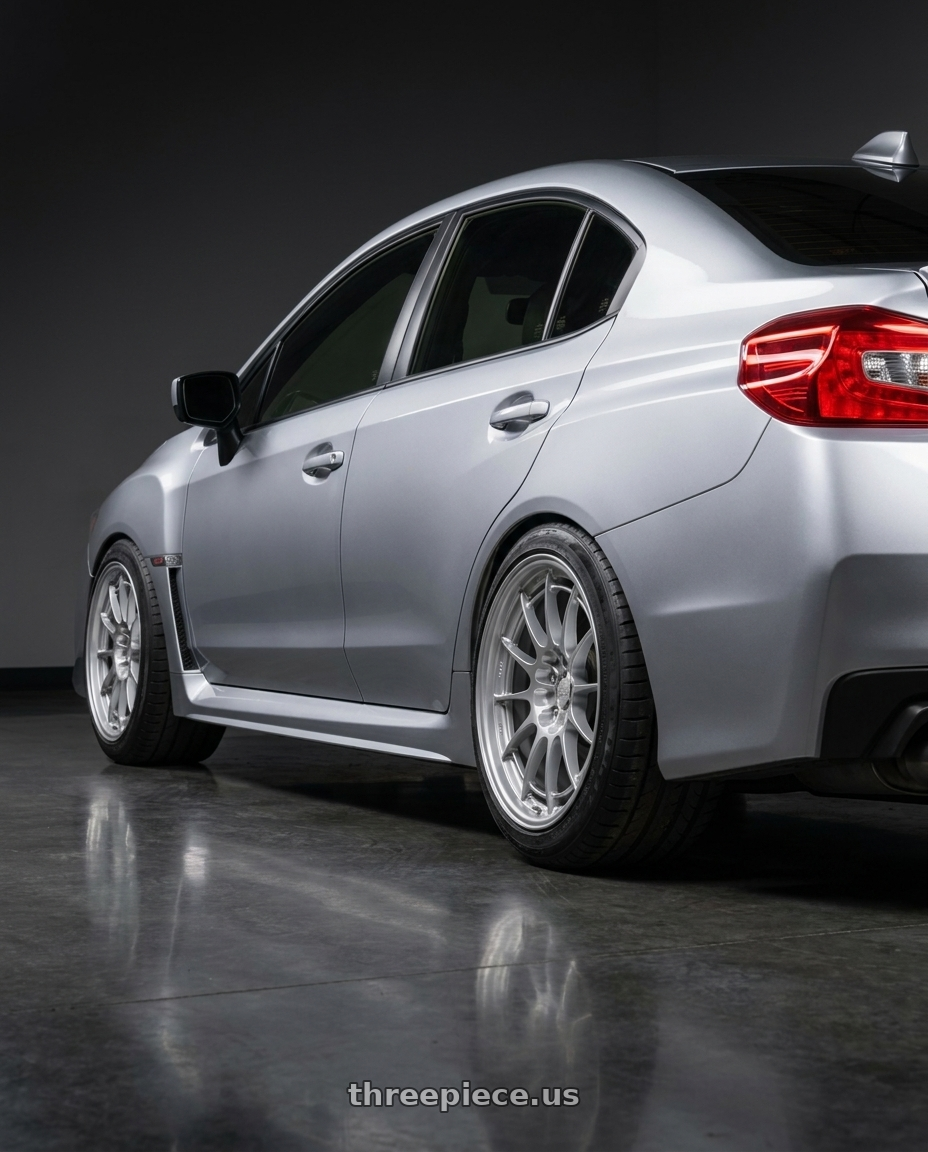 2015 Subaru wrx with Enkei NT03+M 5x120 18x8.5+38 Silver wheels rear three quarter view meaty tires