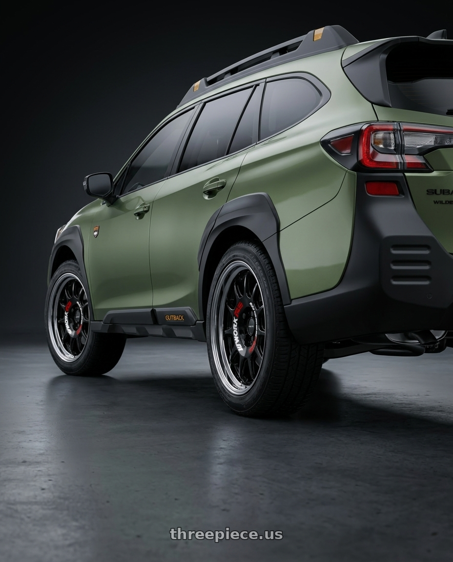 2023 Subaru Outback Wilderness with Work Emotion Rs11 2p 5x114.3 17x7 12 black wheels rear three quarter view square tires