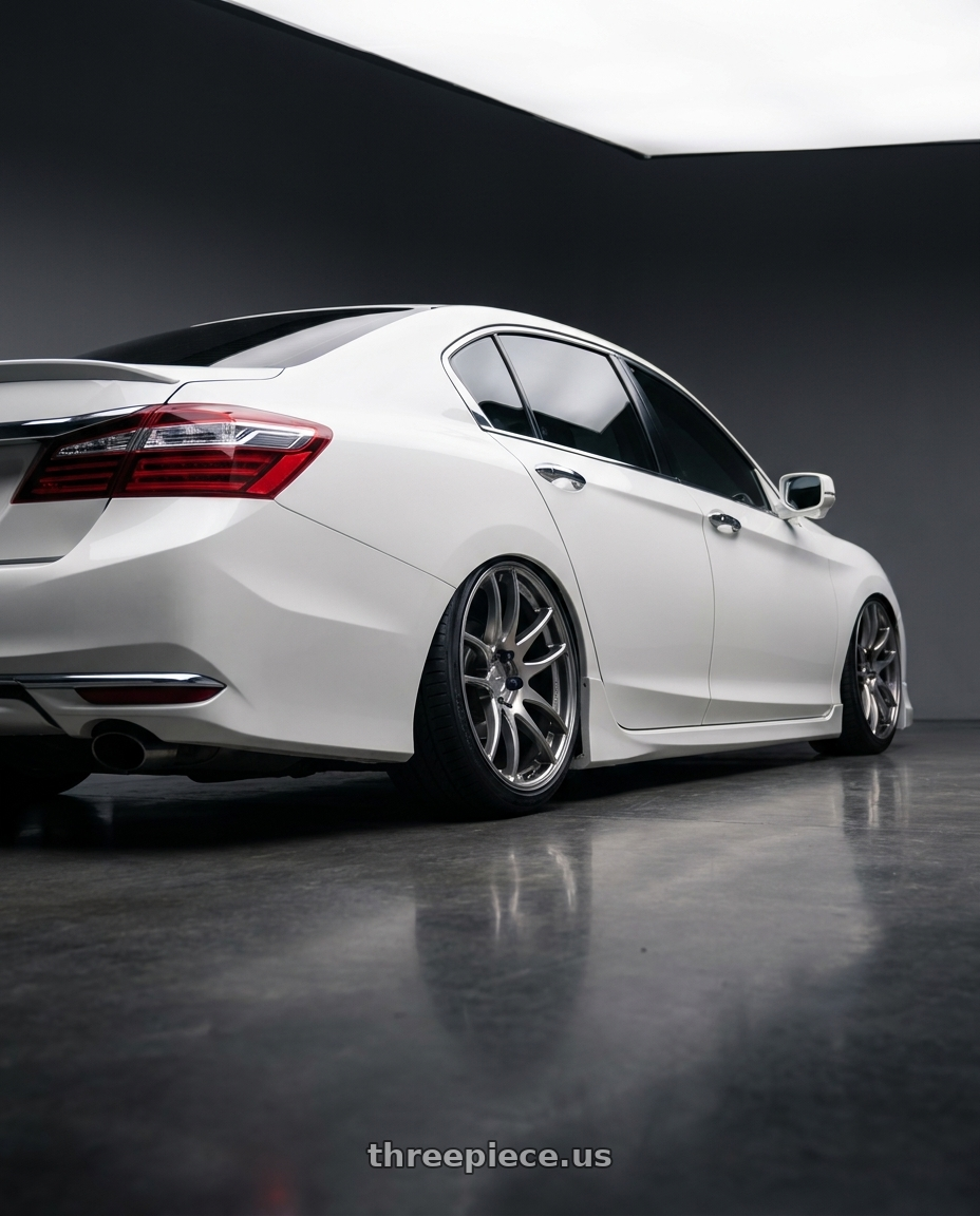 2016 Honda accord with Work Emotion Cr Kiwami 5x120 19x8.5 +25 Gt Silver wheels rear three quarter view slight stretch tires