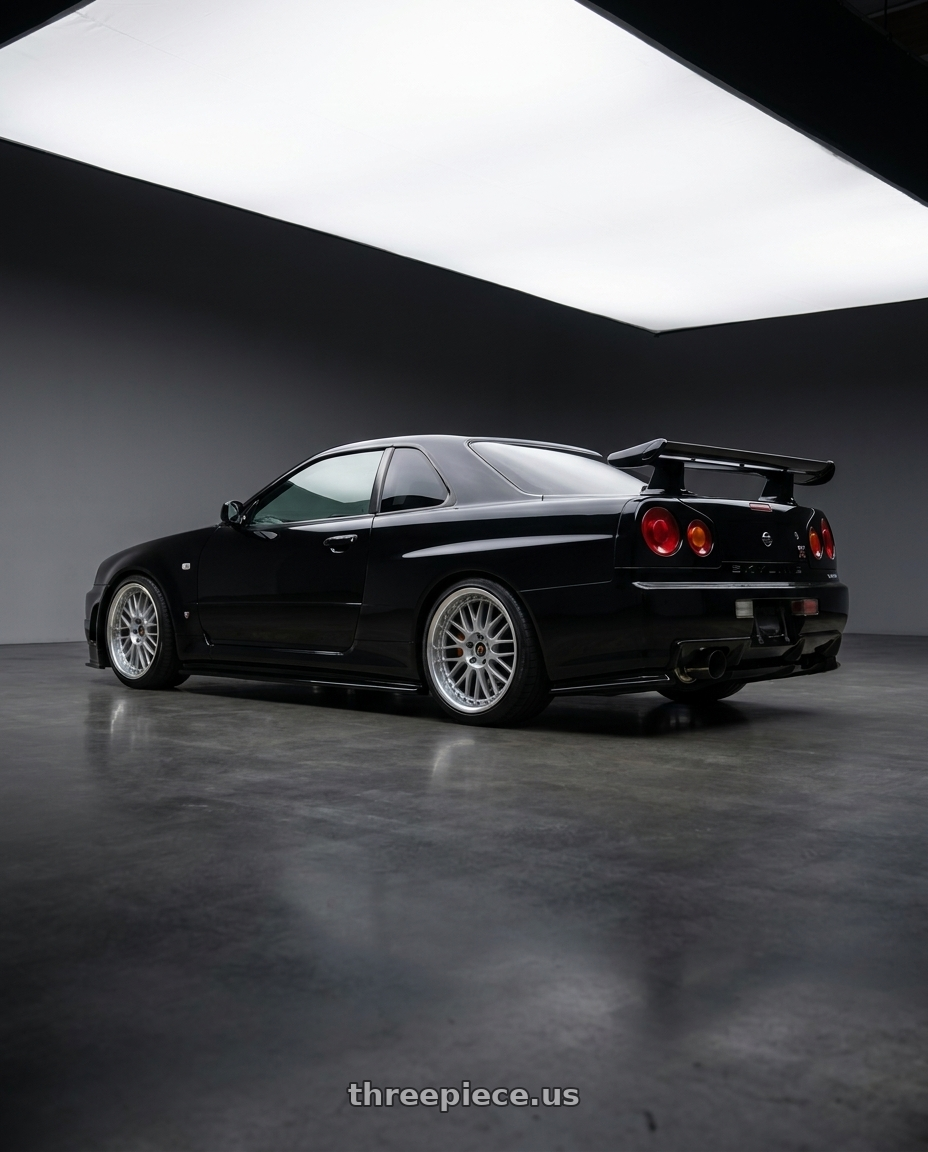 2000 nissan skyline with Work Vs-Xx 5x100 18x7.5+45 A Disk Light Grey Silver wheels rear three quarter view square tires