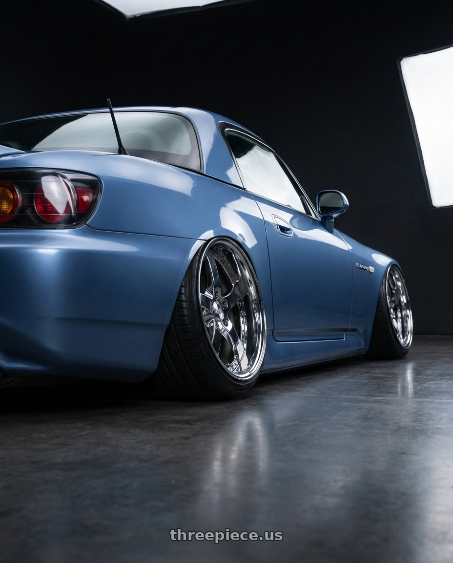 2002 Honda s2000 with Work Equip E05 5x108 19x10.5+10 r disk 3d Chrome wheels rear three quarter view extreme stretch tires