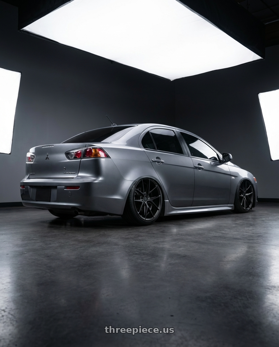 2014 Mitsubishi Lancer Ralliart with Niche 1PC M117 MISANO 5X114.3 18X9.5 +40 MATTE BLACK wheels rear three quarter view slight stretch tires