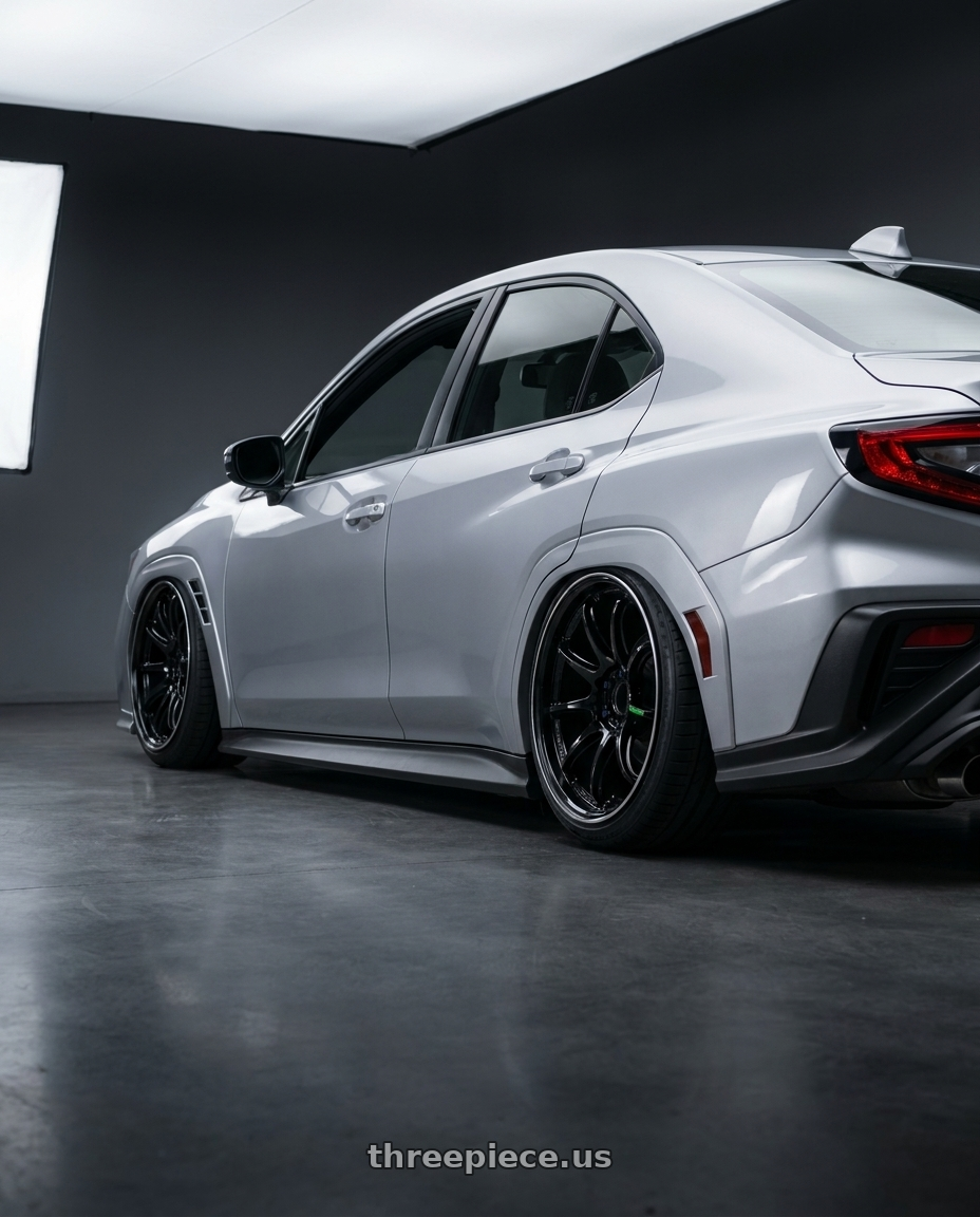 2026 Subaru, Wrx Limited, Ice Silver Metallic with Work Emotion Zr10 5x100 18x10.5 +22 Black Diamond Lip Cut wheels rear three quarter view slight stretch tires