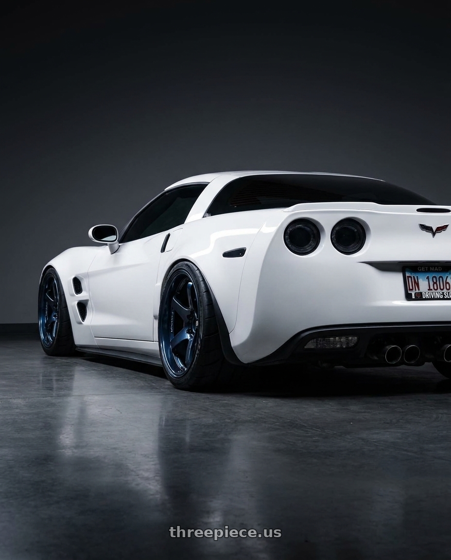 2011 Chevrolet Corvette ZR1  with Advan Racing GT PV 5x114.3 20x12.0 +20 RACING TITANIUM BLUE wheels rear three quarter view extreme stretch tires