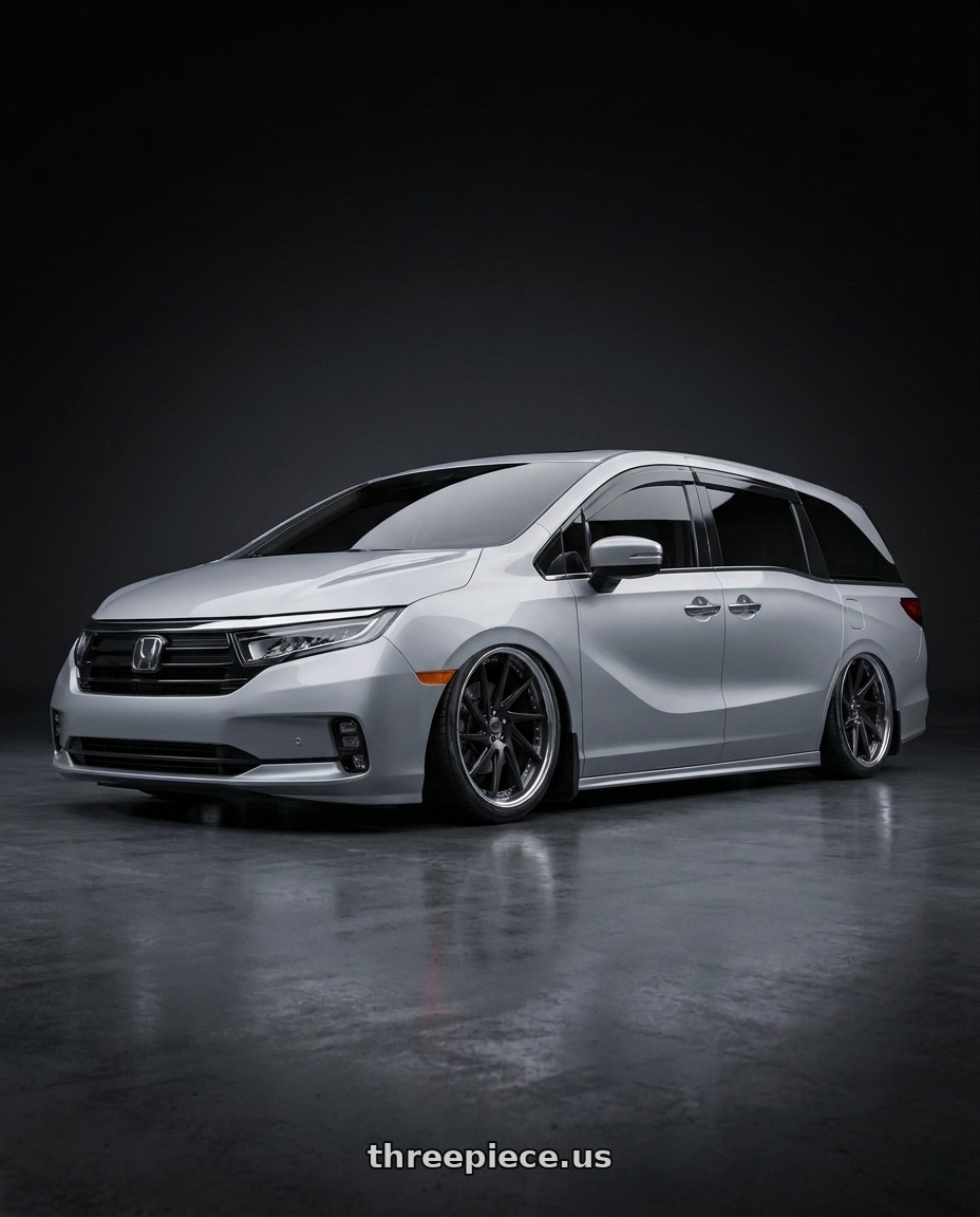 2024 Honda Odyssey with Work Gnosis Cvs 5x120 20x8+38 H Disk Matte Black wheels front three quarter view slammed stance