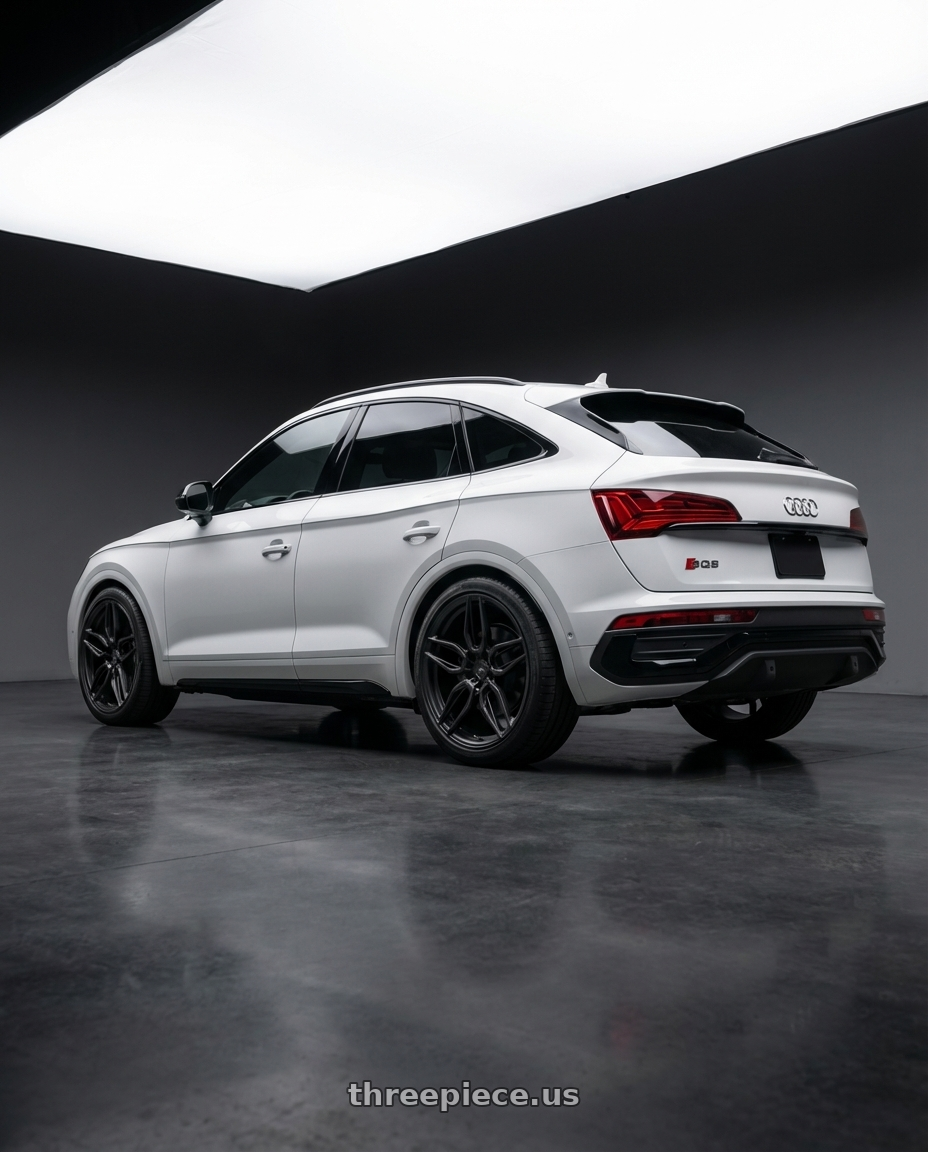 2022 Audi SQ5 Sportback, Glacier White with ADV.1 ADV005 5x112 21x10.5 +32 Satin Black wheels rear three quarter view square tires