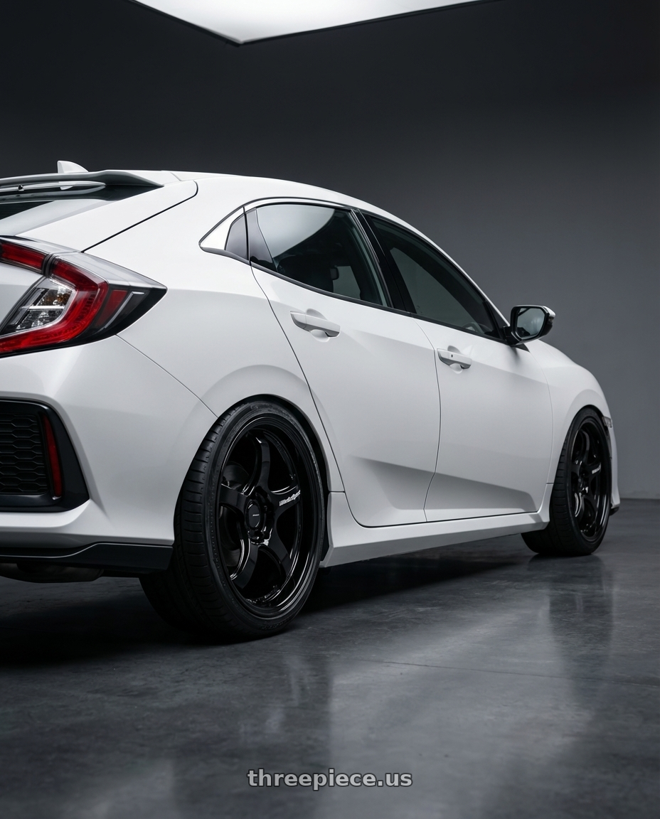 2019 Honda Civic with WedsSport RN-05M 5x114.3 18x8.5+38 Gloss Black wheels rear three quarter view square tires