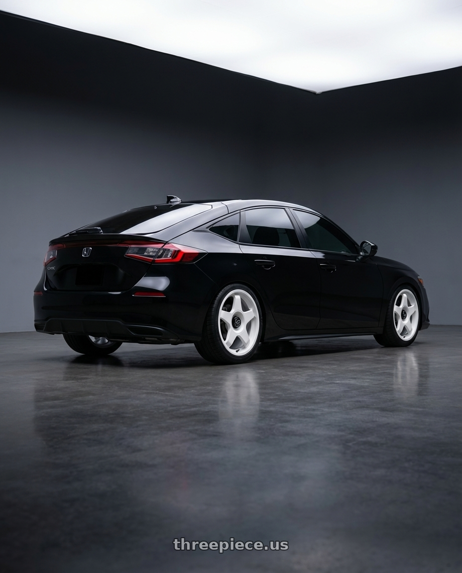 2023 Honda Civic Hatchback front lip  with fifteen52 CHICANE 5x114.3 / 5x100 18x8.5 +35 RALLY WHITE (GLOSS WHITE) wheels rear three quarter view square tires