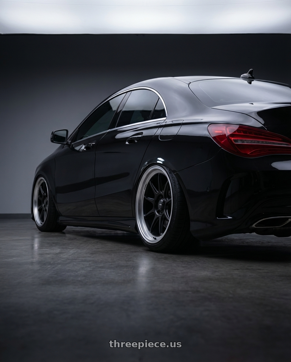 2018 Mercedes-Benz CLA C117 with Konig Countergram 5x112 19x11+40 Matte Black / Matte Machined Lip wheels rear three quarter view slight stretch tires