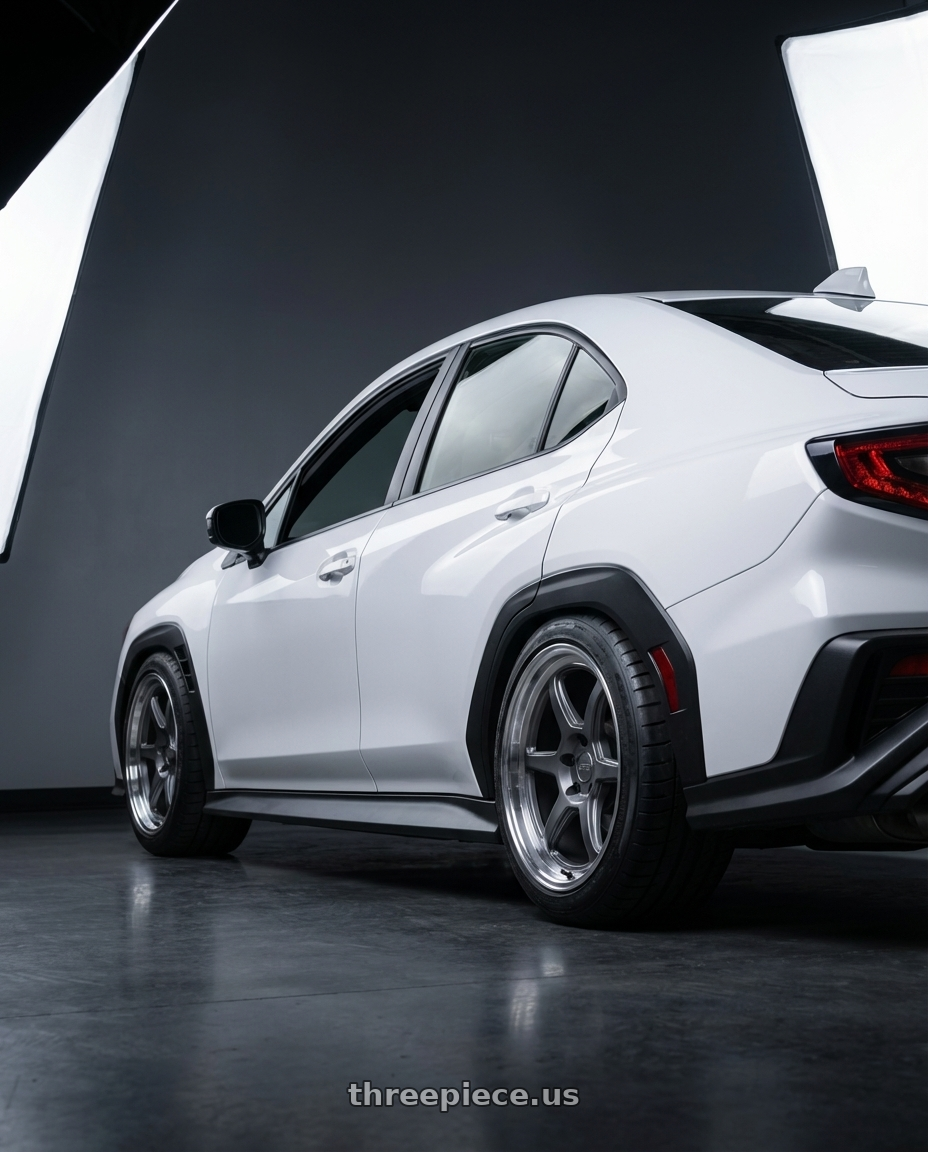 2023 subaru wrx with Kansei K14G Roku 5x114.3 18x9.5 38 Grey and Machined Lip wheels rear three quarter view meaty tires