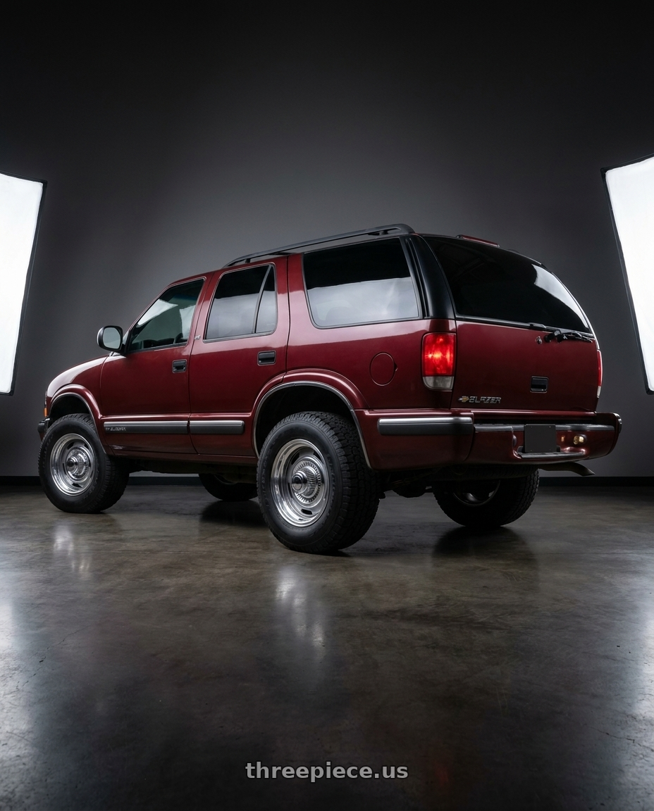 1998 Chevy blazer with Vision American-Muscle 55 Rally 5x127 15x7+6 Silver wheels rear three quarter view meaty tires