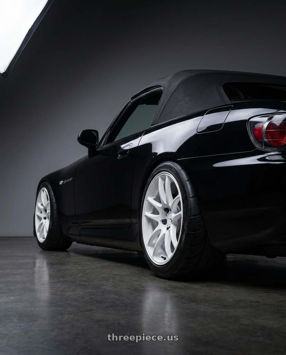 2005 honda s2000 with Work Emotion Cr Kiwami 5x114.3 17x9 +38 White wheels rear three quarter view meaty tires
