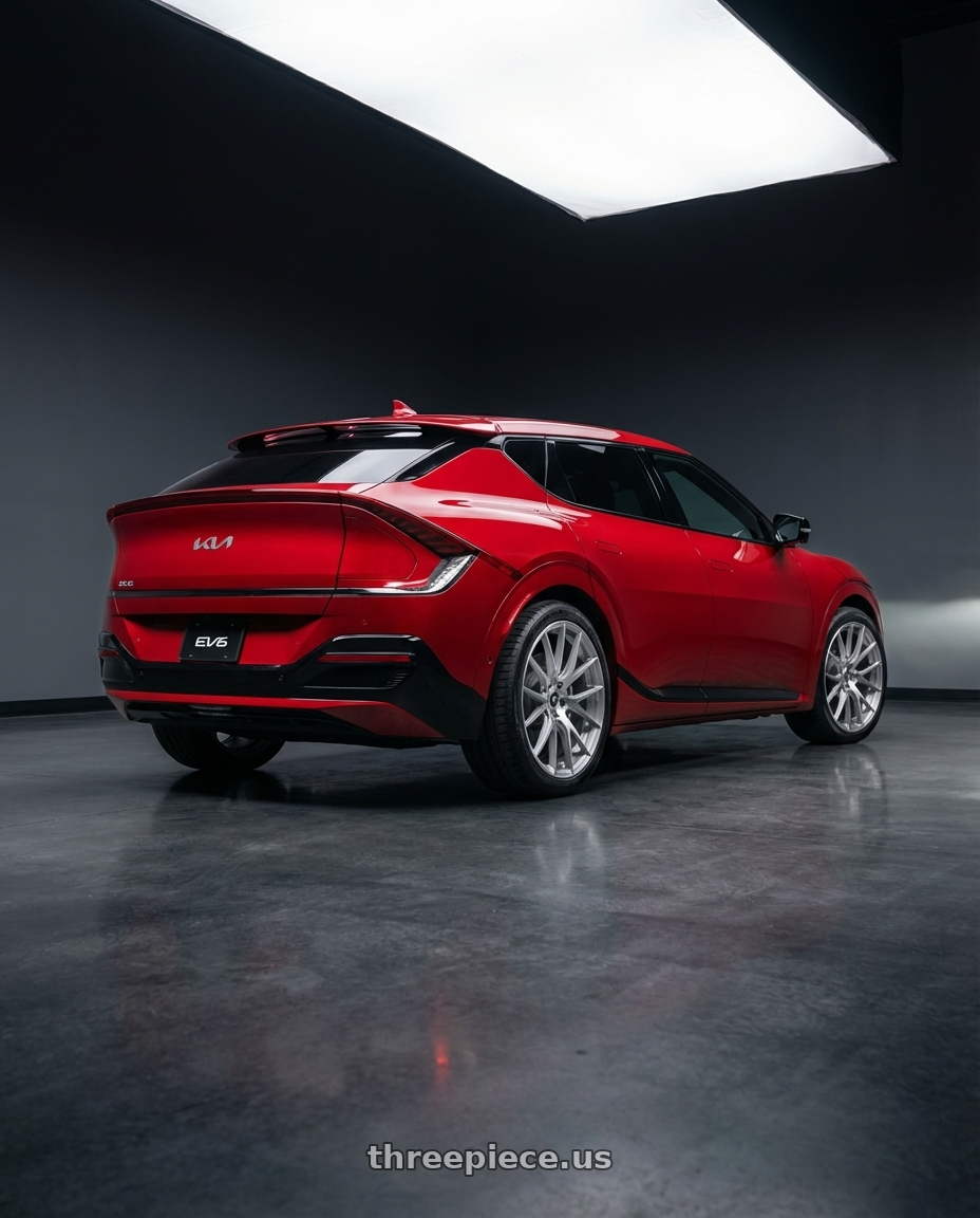 2024 kia ev6 with Fittipaldi 360BS 5X112 20x8.5 +35 Brushed Silver wheels rear three quarter view square tires