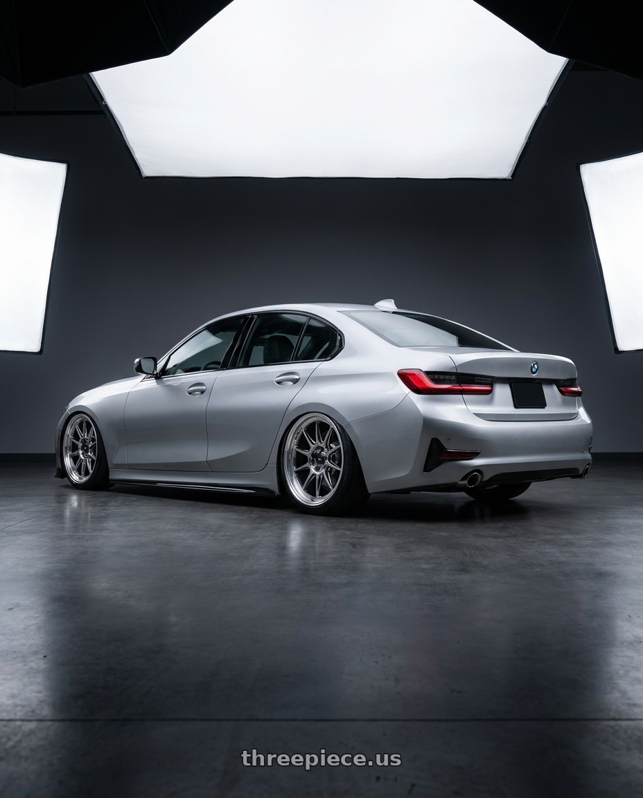 2023 BMW 3 Series G20 with Konig Countergram 5x112 19x8.5+43 Hyper Chrome / Machined Lip wheels rear three quarter view slight stretch tires