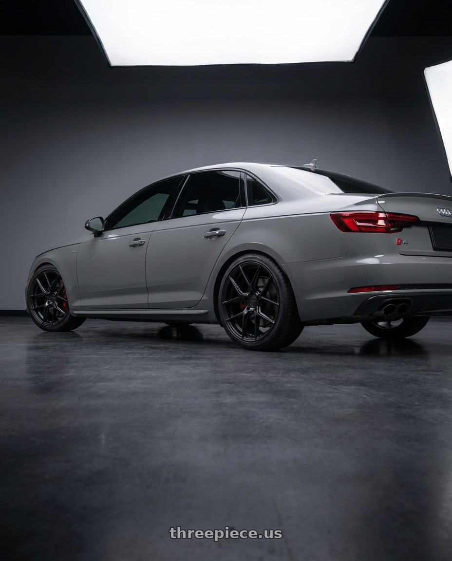 2019 Audi s4 with TSW TABAC 5X112 19X8.5 +32 SEMI GLOSS BLACK wheels rear three quarter view square tires