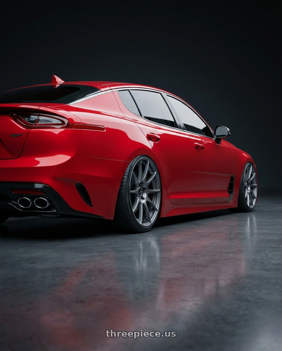 2022 Kia Stinger GT with Ssr Gtv04 5x114.3 19×8.5x8.5+38  METALLIC GRAY wheels rear three quarter view slight stretch tires