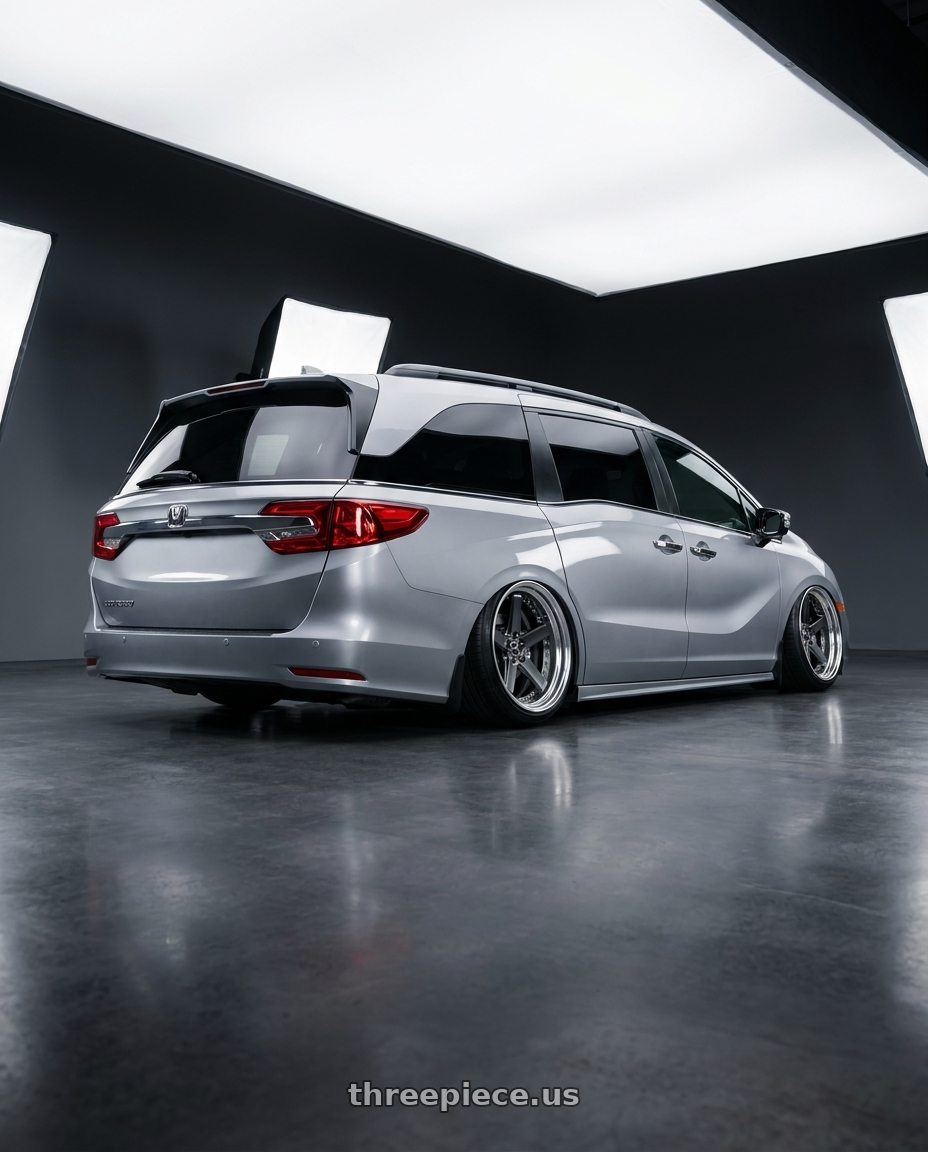 2024 honda odyssey  with Work Zeast Black Label Bst2 5x120 20x8.5+45 T Disk Brilliant Silver Black wheels rear three quarter view extreme stretch tires