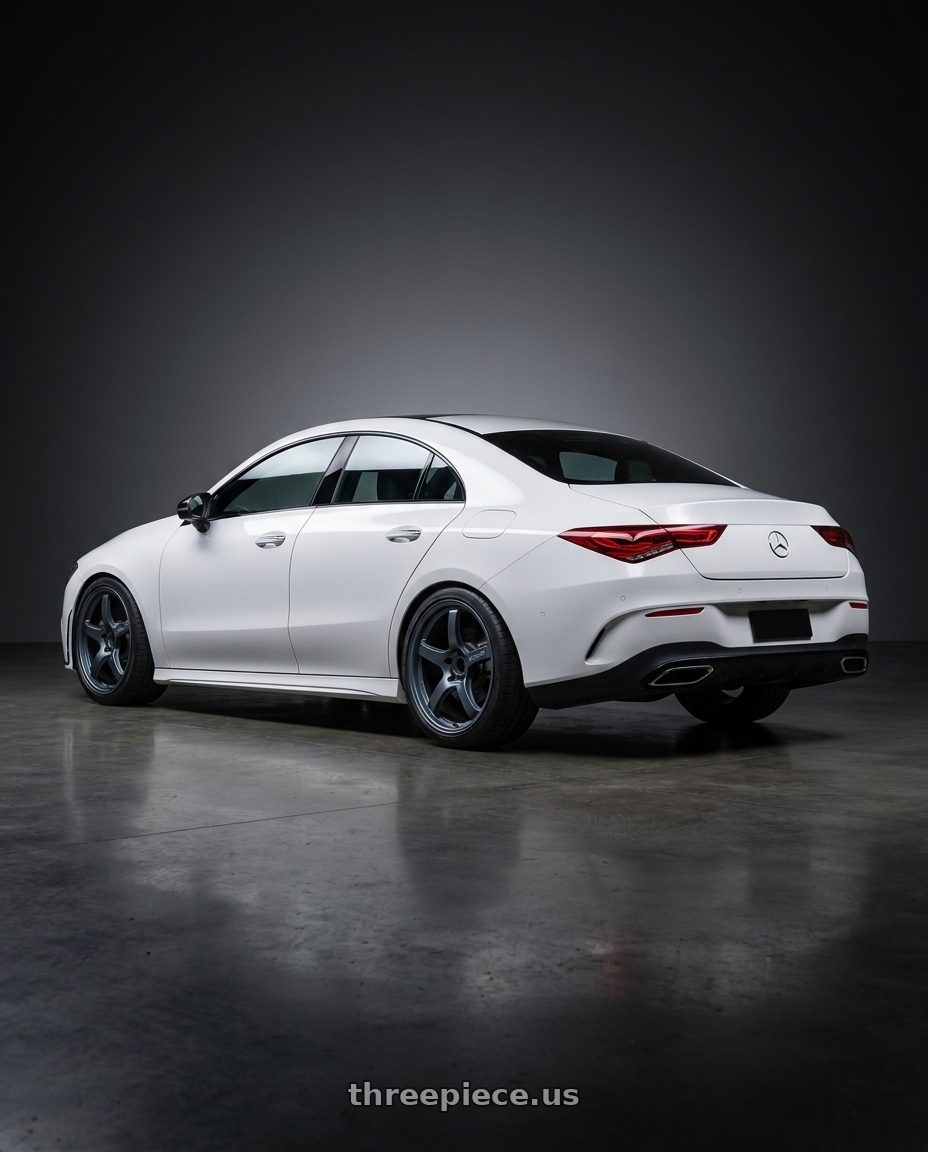 2023 Mercedes-Benz CLA C118 with Gram Lights 57CR 5x112 19x10.5+22 Gunblue II wheels rear three quarter view square tires