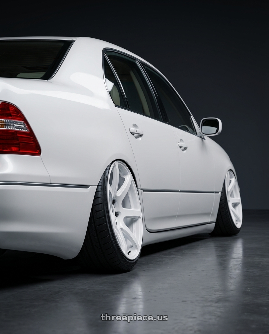 2004 lexus ls430 with Work Emotion T7r 5x100 19x10.5 +12 White wheels rear three quarter view extreme stretch tires