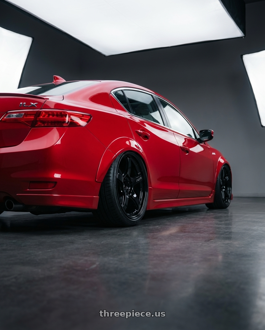 2012 Acura ILX with Gram Lights 57CR 5x114.3 18x9.5+38 Glossy Black wheels rear three quarter view slight stretch tires