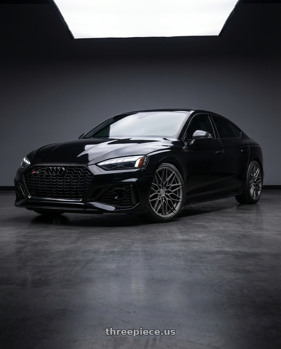 2022 Audi RS5 with Niche 1PC NC277 CALABRIA 5 5X112 20x10.5 +38 MATTE GUNMETAL wheels front three quarter view lowered stance