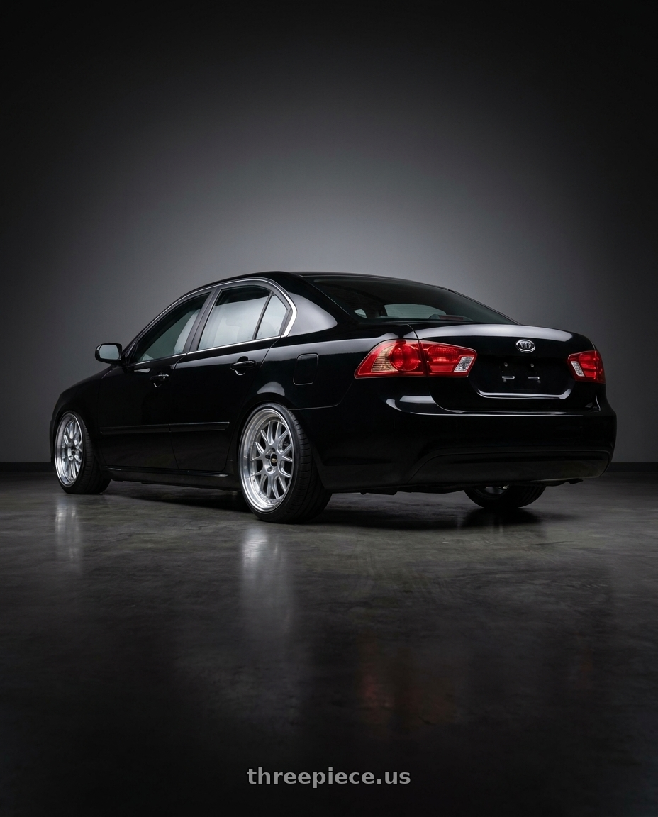 2009 kia optima black with BBS LM-R 5x114.3 19x8.5+43 Diamond Silver wheels rear three quarter view square tires