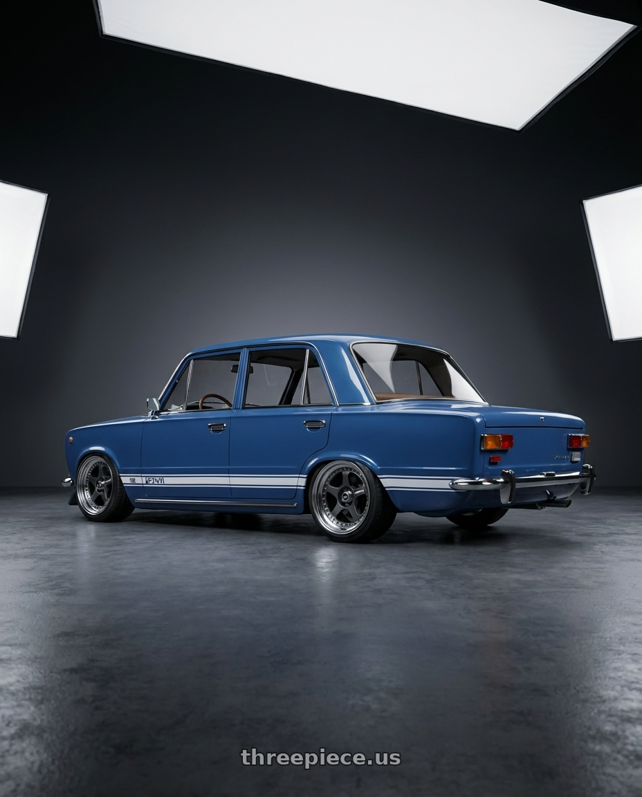 Lada 1200 1972 with Work Meister L1 3P 5x100 18x7+19 A Disk Matte Gunmetal wheels rear three quarter view slight stretch tires