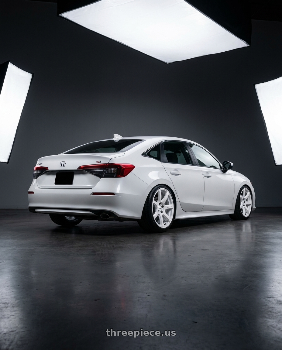 2026 Honda civic si with Work Emotion T7r 5x100 18x9.5 +38 White wheels rear three quarter view slight stretch tires