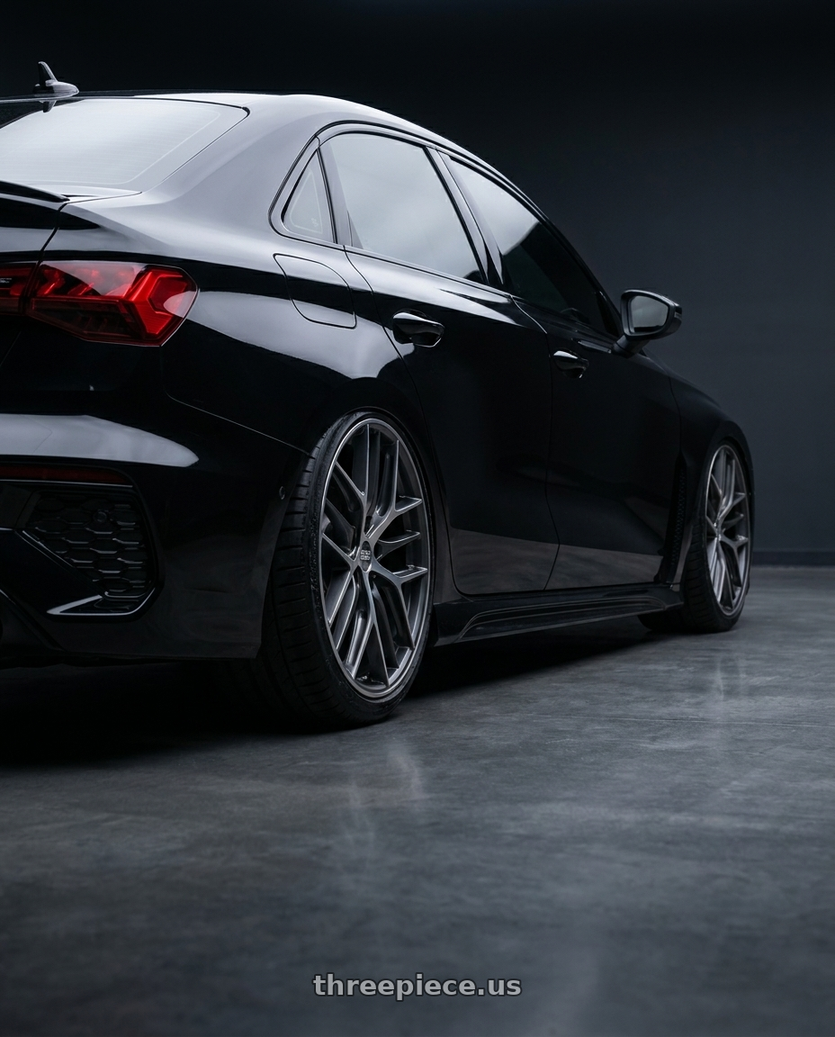 2022 Audi RS3 8Y with BBS CC-R 5x112 19x8.5+30 Graphite w/ Diamond Cut Face wheels rear three quarter view slight stretch tires