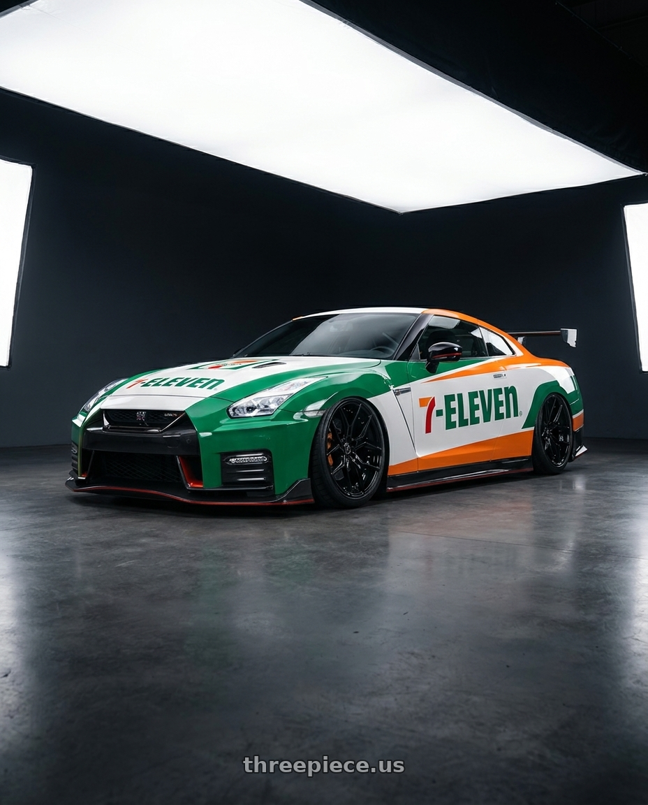 2025 NISSAN GT-R NISMO GT3(TARMAC WORKS × 7-ELEVEN TAIWAN 7-11限定紀念車) with MARQUEE WHEELS M1000 5x114.3 20x9+33 GLOSS BLACK wheels