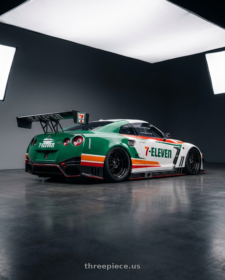 2025 NISSAN GT-R NISMO GT3(TARMAC WORKS × 7-ELEVEN TAIWAN 7-11限定紀念車) with MARQUEE WHEELS M1000 5x114.3 20x9+33 GLOSS BLACK wheels rear three quarter view slight stretch tires