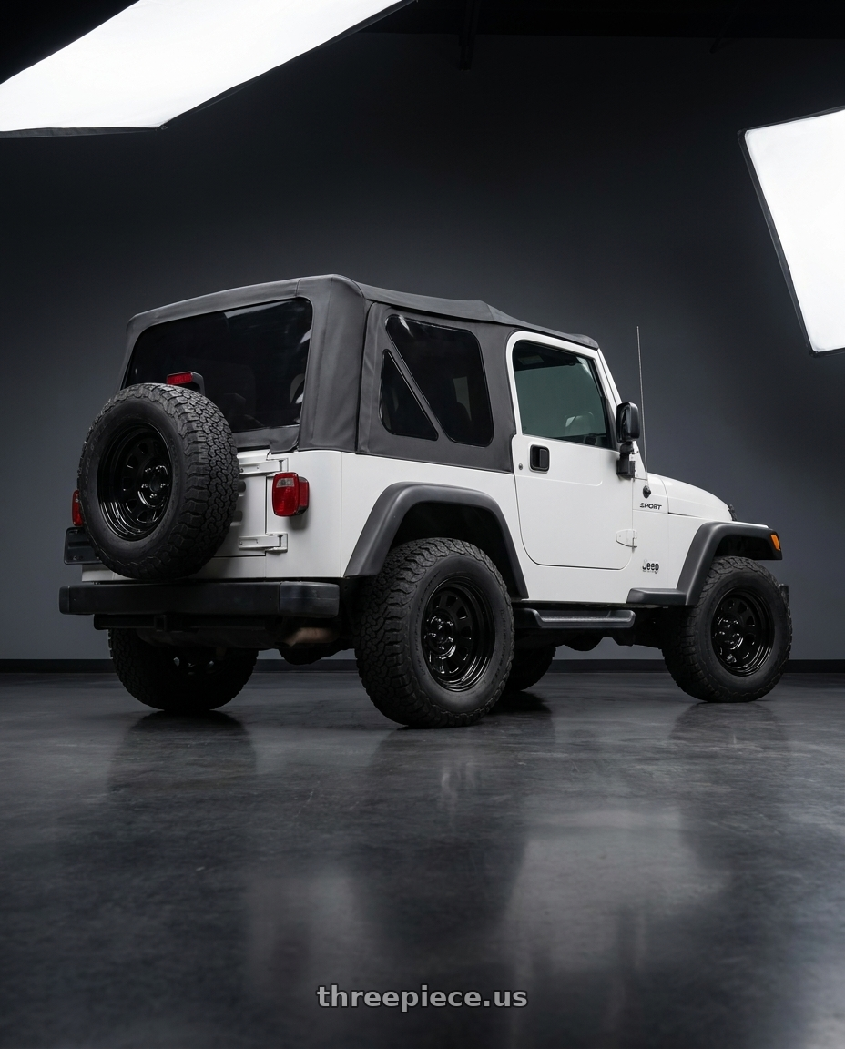 2006 jeep wrangler with Vision HD 84H 5x114.3 16x8+0 Gloss Black wheels rear three quarter view square tires