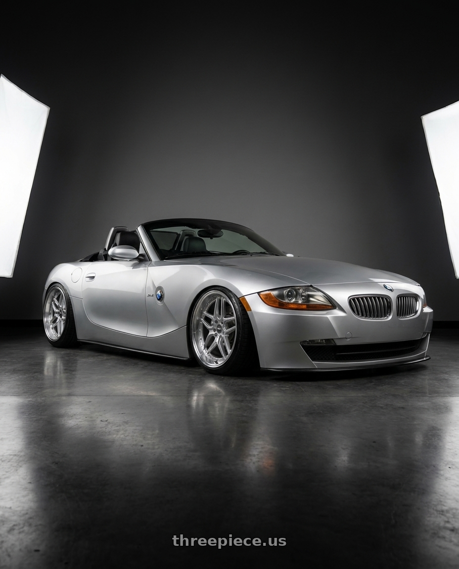 2006 BMW Z4 with ESR Wheels CS SERIES CS15 5x120 18x9.5 +35 Hyper Silver wheels front three quarter view stanced stance