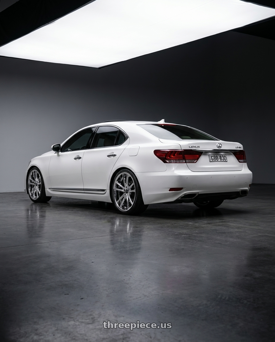 2011 Lexus LS460 with Asanti Black ABL-1 PEGASI 5X115 20X10 +20 CHROME wheels rear three quarter view square tires