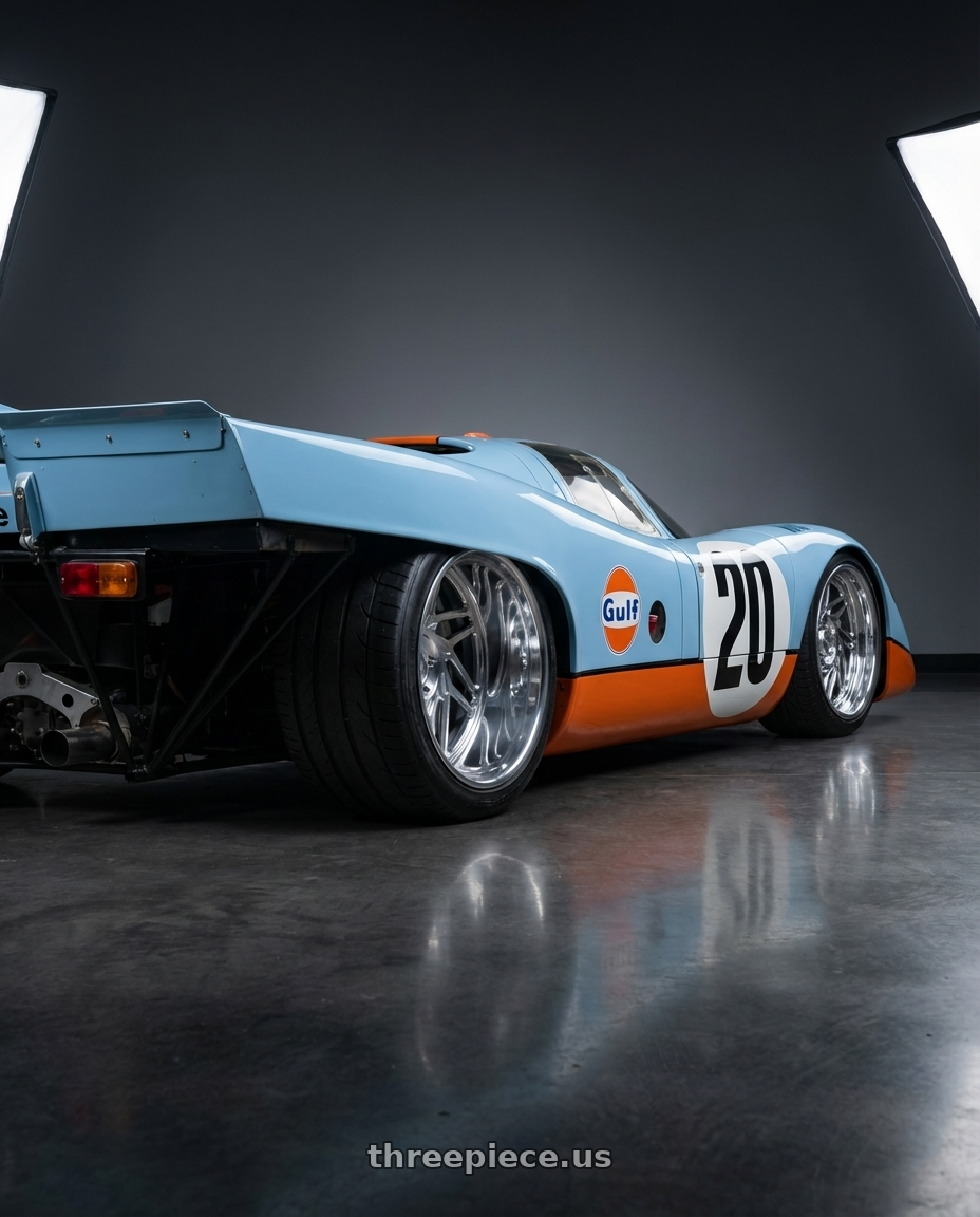 1972 Porsche 917k with Carolina Forged Asheville 5x135 26x16 -101 High Polish wheels rear three quarter view extreme stretch tires