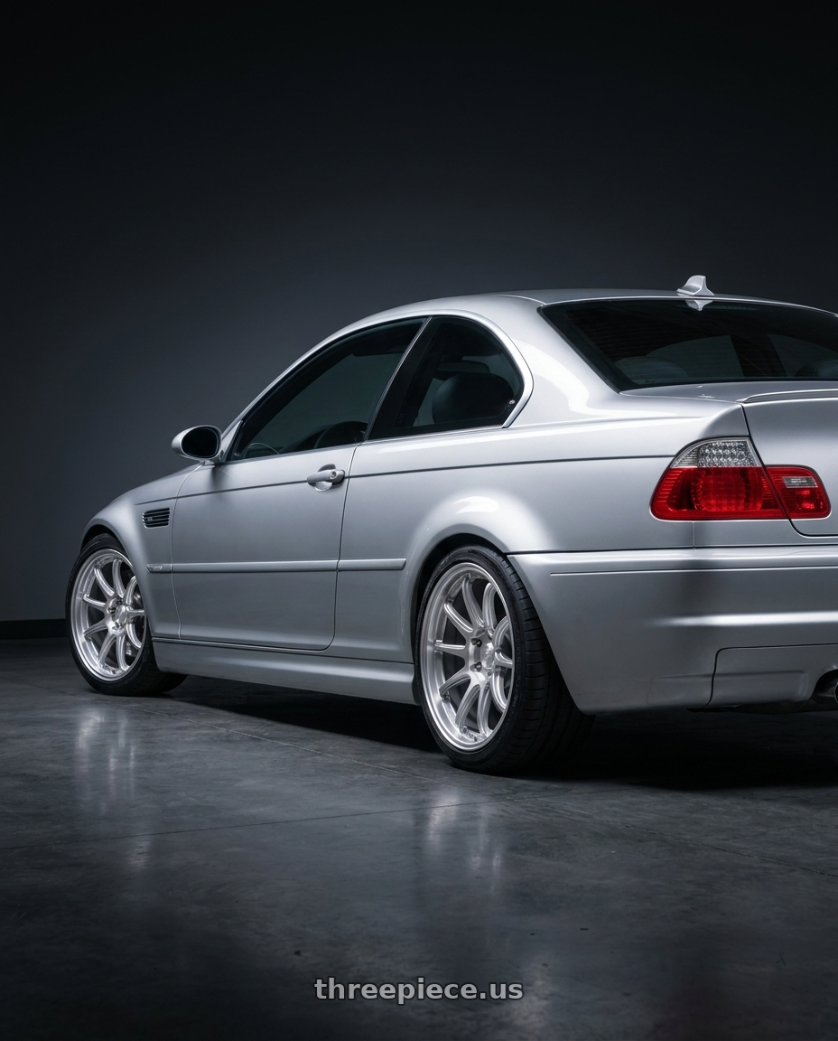 2002 BMW M3 Titansilber Metallic with KATANA RACING HR06 5x120 18x8.5 +35 Hyper Silver wheels rear three quarter view square tires