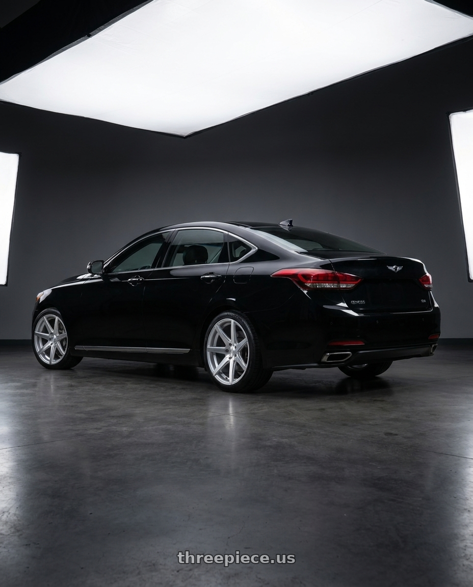 2016 Hyundai Genesis 3 8 with Rohana RC7 5x114.3 19x8.5+35 Machine Silver wheels rear three quarter view square tires