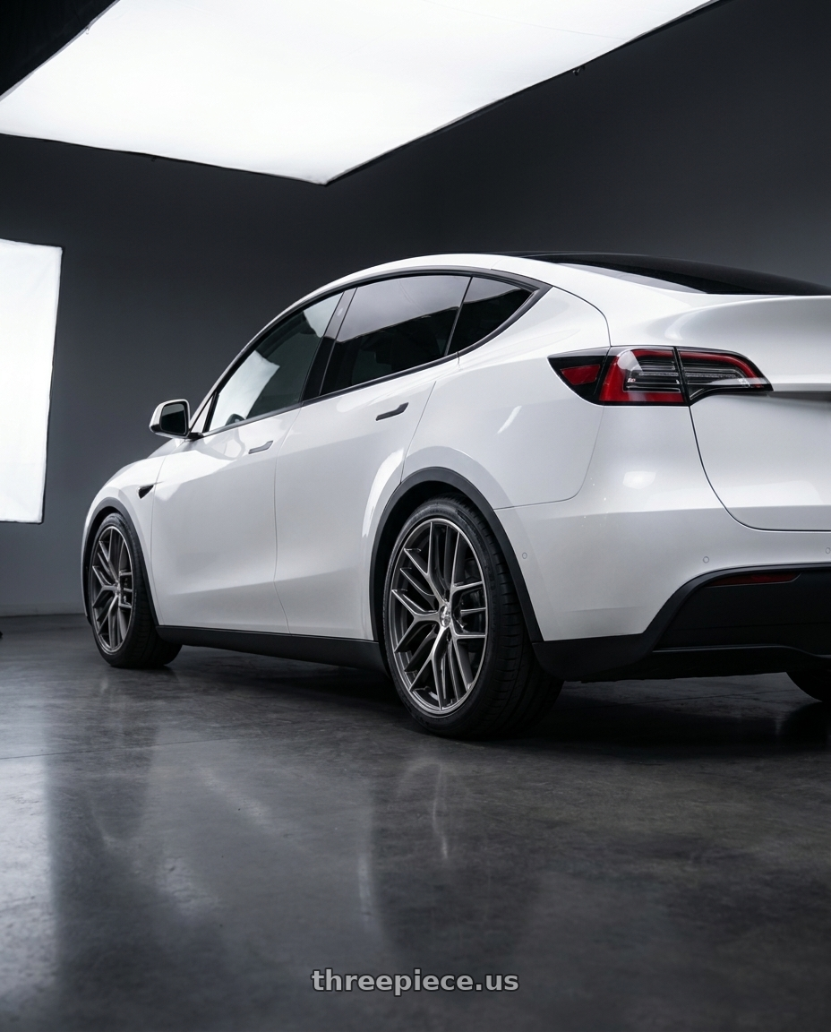 2024 Tesla Model Y with BBS CC-R 5x114.3 20x9.0+32 Graphite w/ Diamond Cut Face wheels rear three quarter view square tires