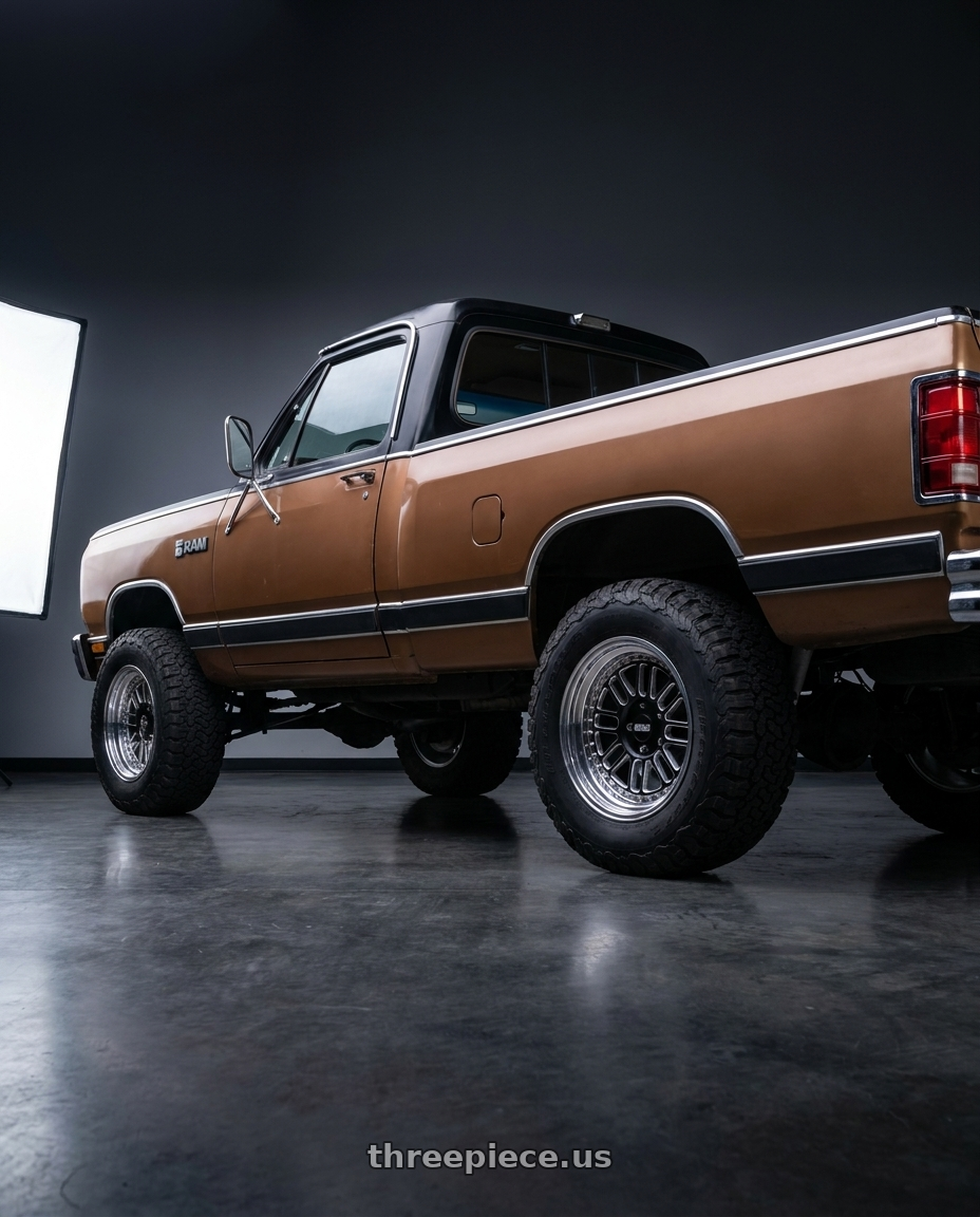 1984 Dodge d150 regular cab with Belak Industries Series 2 - Non-Beadlock Wheel 6x135mm 17x9.5 +26 wheels rear three quarter view meaty tires