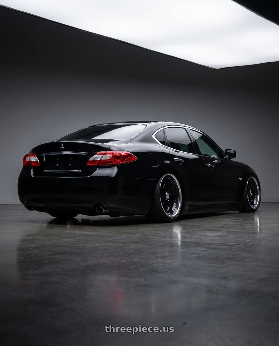 2015 Mitsubishi Proudia with Work Lanvec Ld1 5x114.3 18x7+38 A Disk Black wheels rear three quarter view slight stretch tires