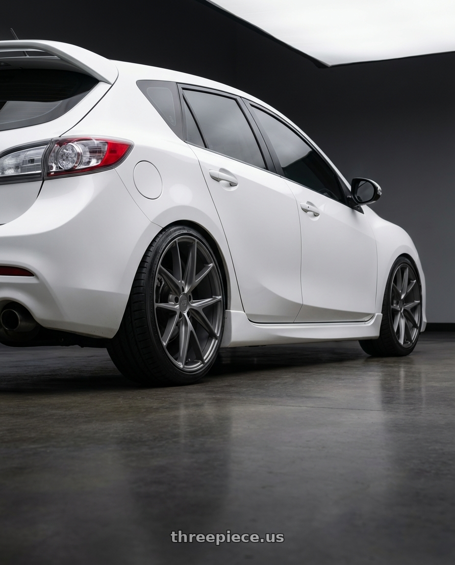 2012 Mazda Mazdaspeed3 with Niche 1PC M116 MISANO 5X114.3 18X8 +40 MATTE GUN METAL wheels rear three quarter view square tires